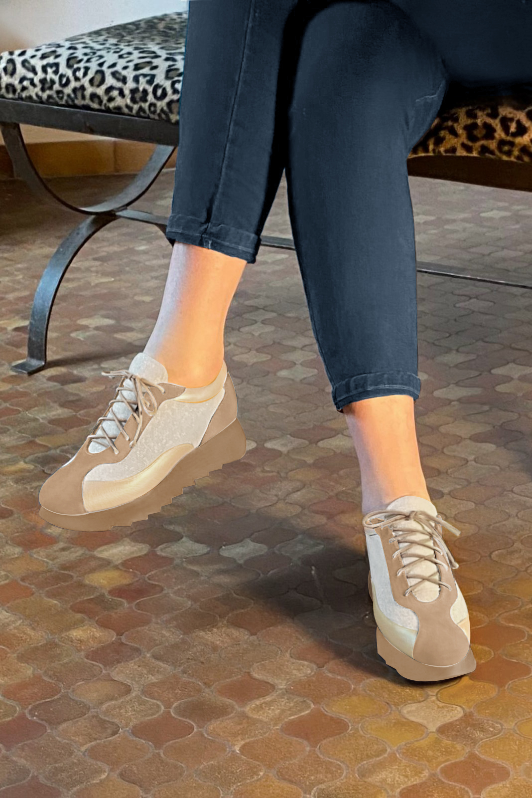 Tan beige and gold women's elegant sneakers. Round toe. Low rubber soles. Worn view - Florence KOOIJMAN